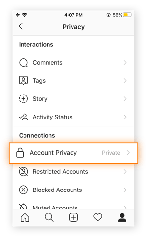 Screenshot of Instagram's Privacy menu.